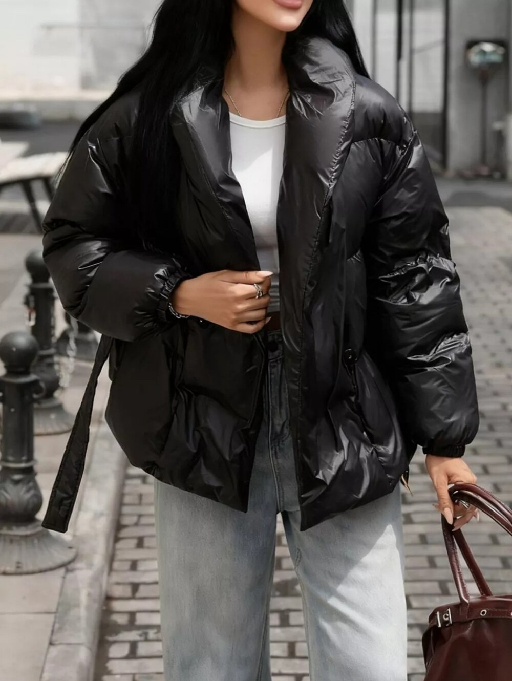 Long Sleeve Belted Puffer Jacket - Picture 6 of 7